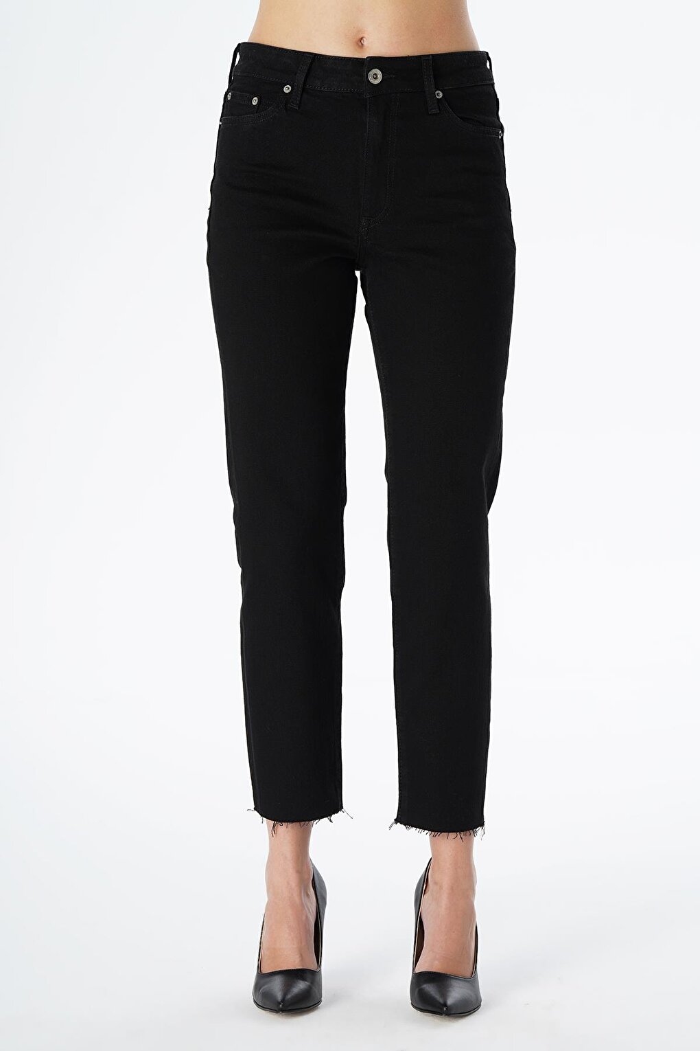 Eliza Cropped Black Cropped Straight Fit Zippered Jean Trousers C 4518-071