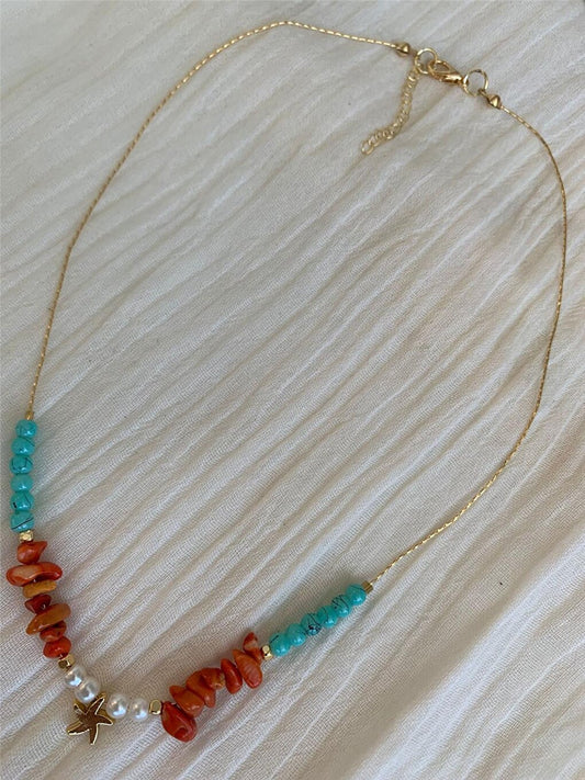 Turquoise Starfish Necklace with Orange Coral Stone