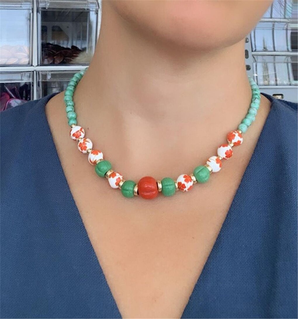 Orange Green Glass Beaded Ceramic Flower Necklace