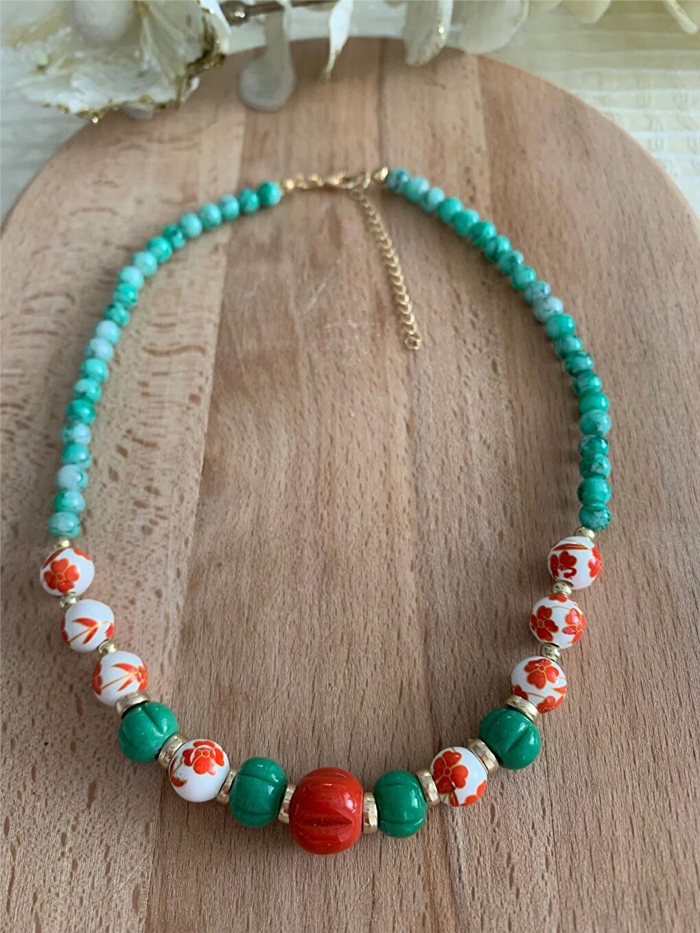 Orange Green Glass Beaded Ceramic Flower Necklace