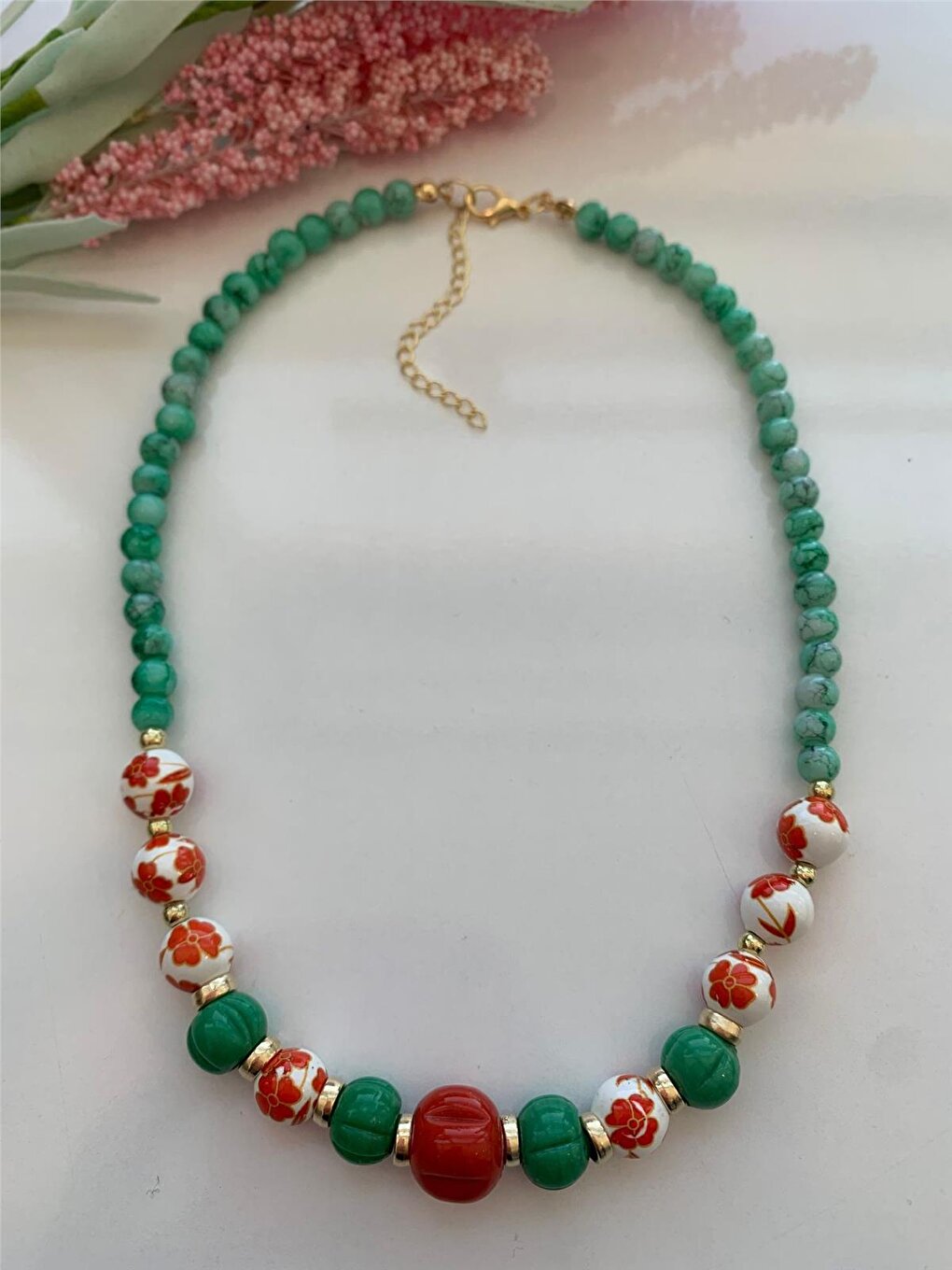 Orange Green Glass Beaded Ceramic Flower Necklace