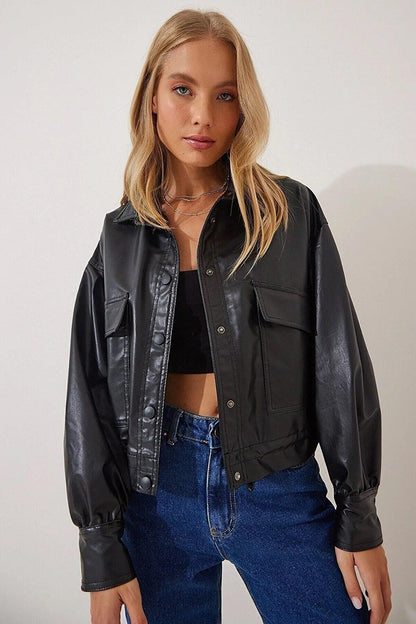 Women's Black Faux Leather Jacket with Pocket Detail