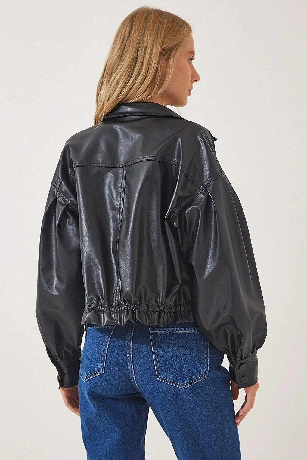 Women's Black Faux Leather Jacket with Pocket Detail