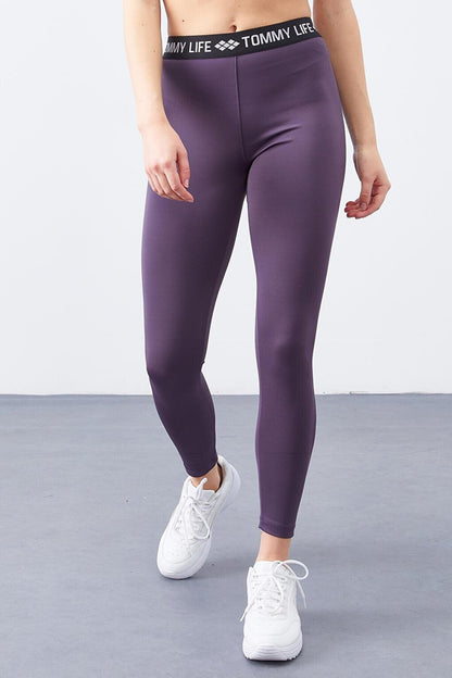 Purple High Waist Letter Belted Slim Fit Narrow Leg Women's Tights - 94546