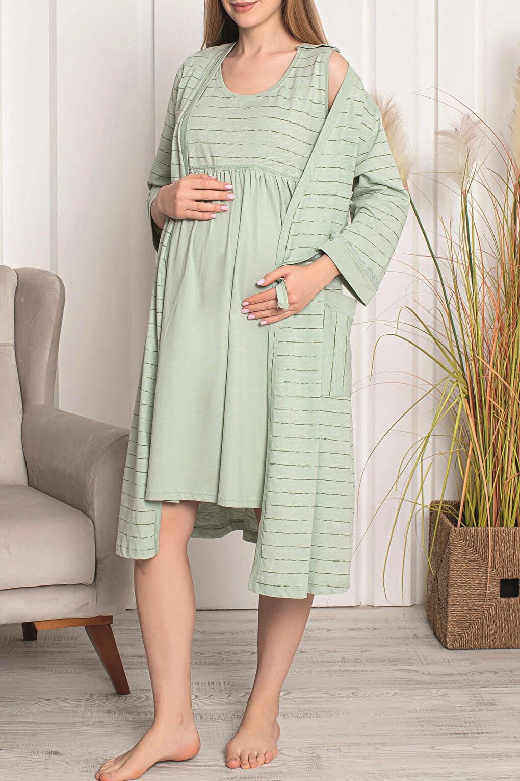 Maternity Dressing Gown Tunic Double Set Cotton Lycra