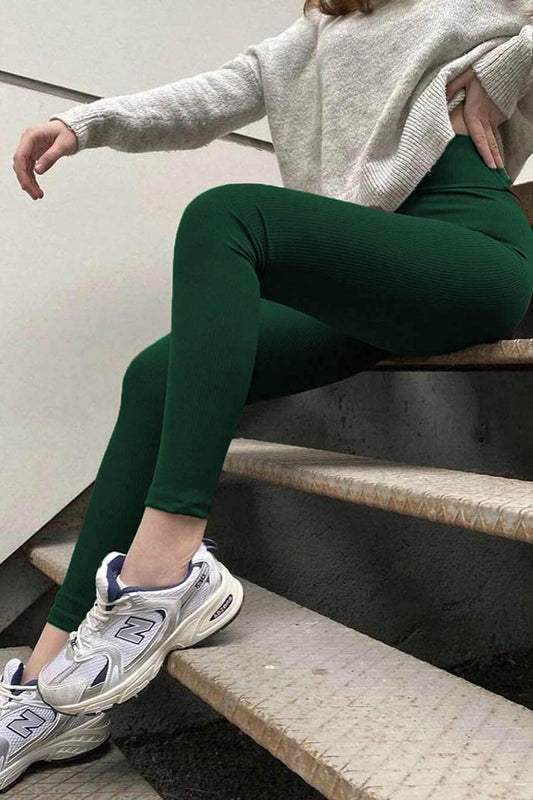 Emerald Green High Waist Women's Ribbed Leggings MG1625