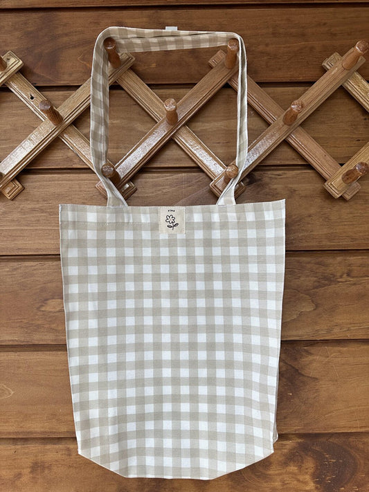 gingham beige gusseted cloth bag