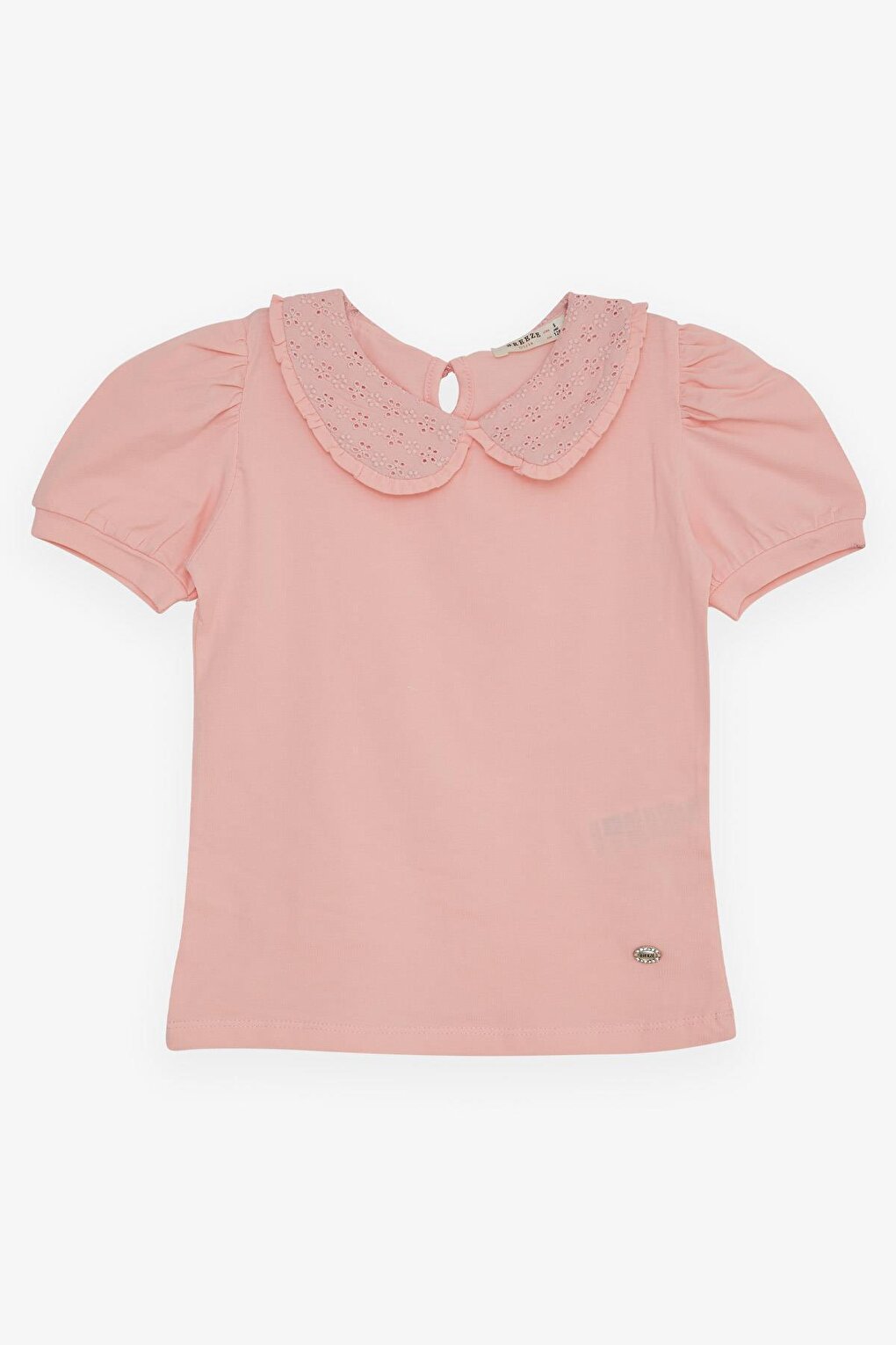 Girl's T-Shirt Wide Collar Salmon with Embroidered Crest (Age 5-10)