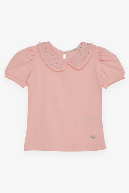 Girl's T-Shirt Wide Collar Salmon with Embroidered Crest (Age 5-10)