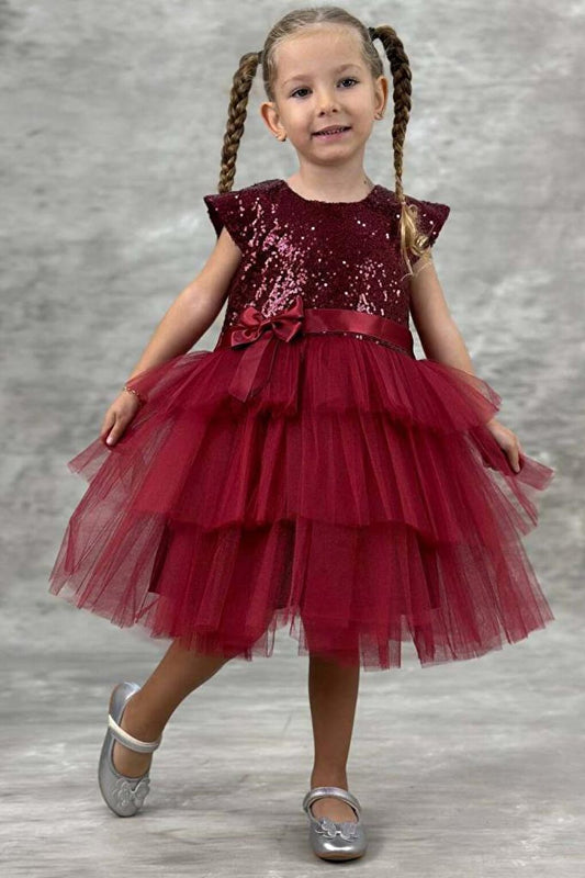 Girl's Sequined Embroidered Katkat Claret Red Evening Dress 4-7 Years