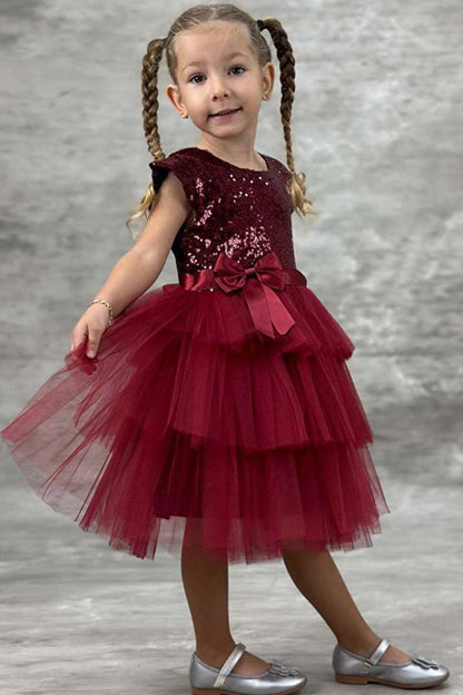 Girl's Sequined Embroidered Katkat Claret Red Evening Dress 4-7 Years