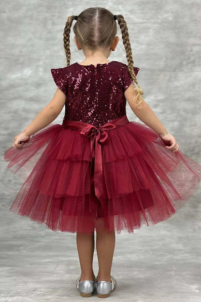 Girl's Sequined Embroidered Katkat Claret Red Evening Dress 4-7 Years