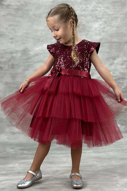 Girl's Sequined Embroidered Katkat Claret Red Evening Dress 4-7 Years