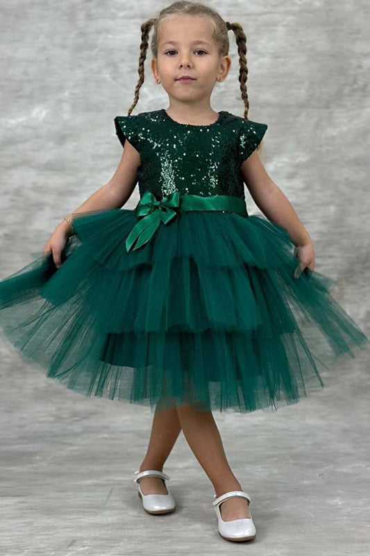 Girl's Sequined Embroidered Katkat Green Evening Dress 4-9 Years