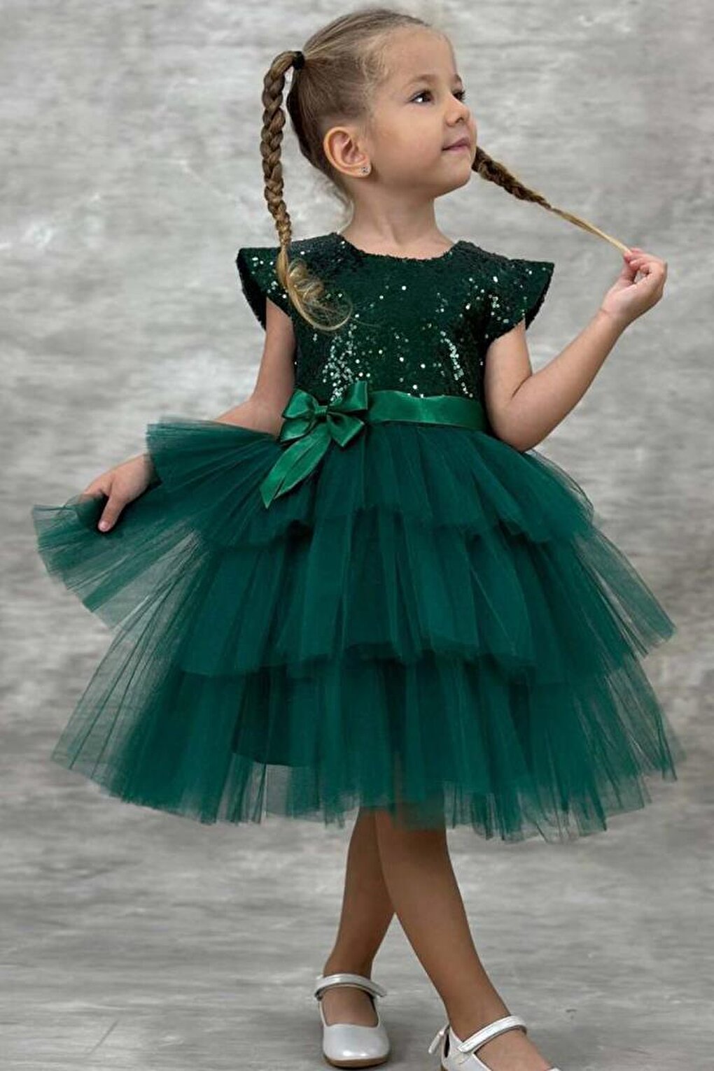 Girl's Sequined Embroidered Katkat Green Evening Dress 4-9 Years