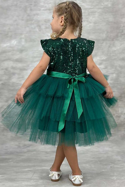 Girl's Sequined Embroidered Katkat Green Evening Dress 4-9 Years