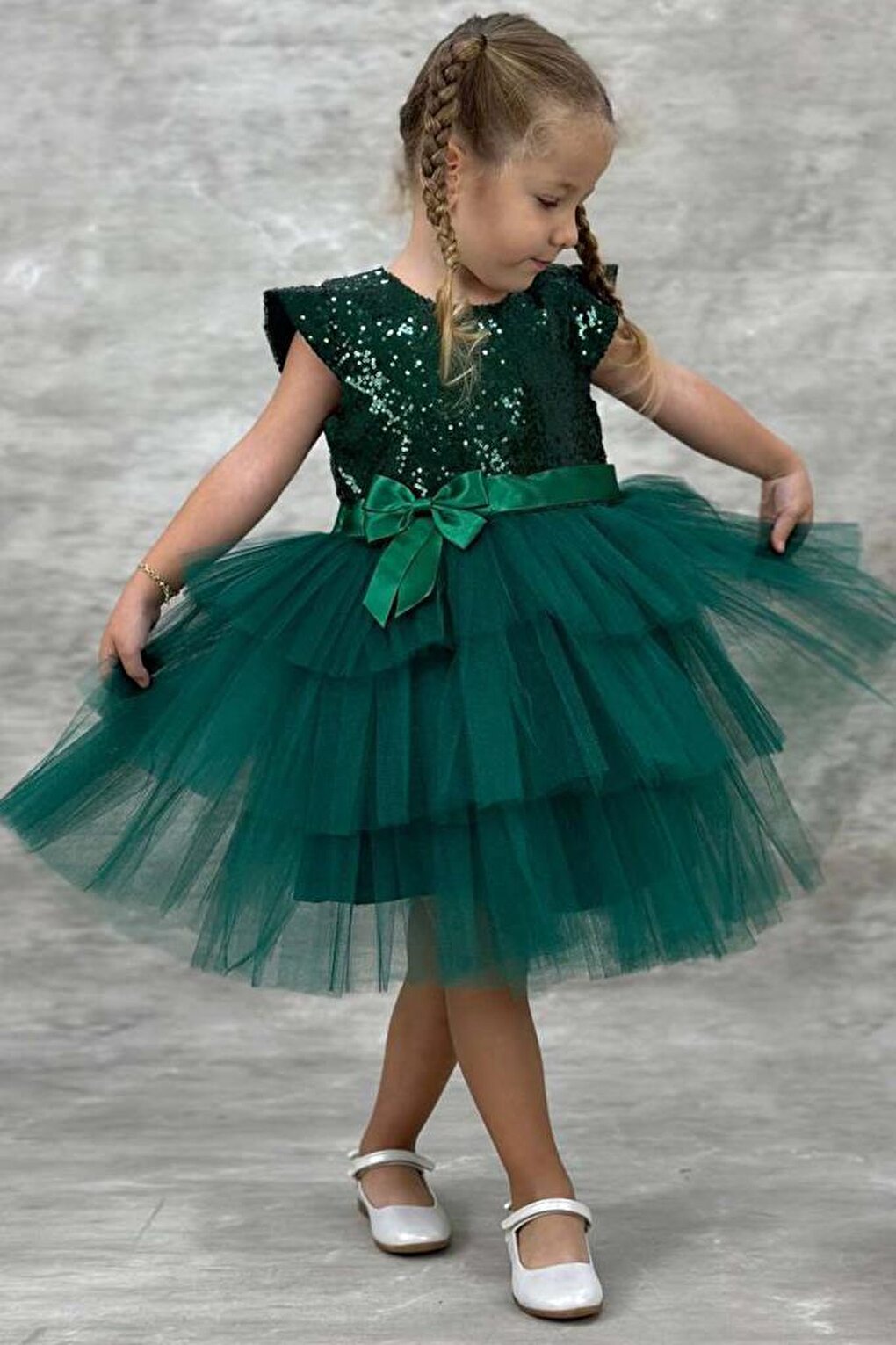 Girl's Sequined Embroidered Katkat Green Evening Dress 4-9 Years