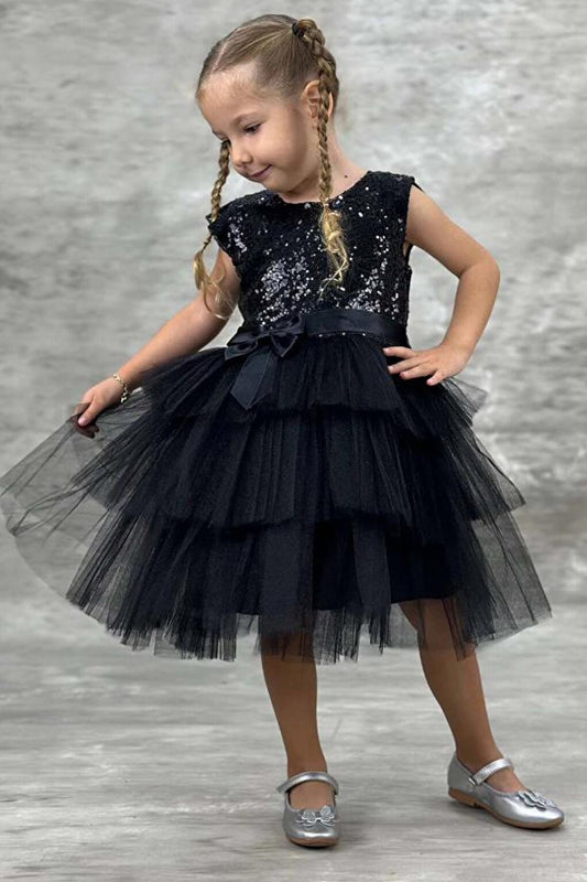 Girl's Sequined Embroidered Katkat Black Evening Dress 4-7 Years