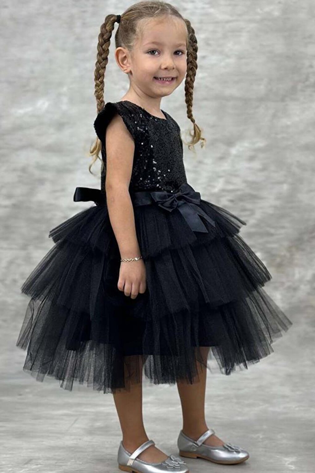 Girl's Sequined Embroidered Katkat Black Evening Dress 4-7 Years