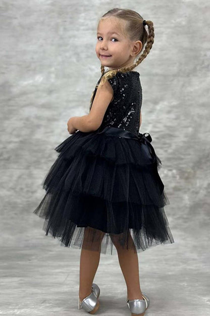 Girl's Sequined Embroidered Katkat Black Evening Dress 4-7 Years