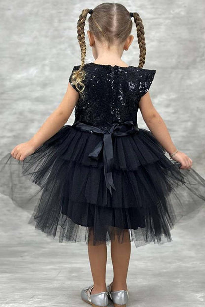 Girl's Sequined Embroidered Katkat Black Evening Dress 4-7 Years