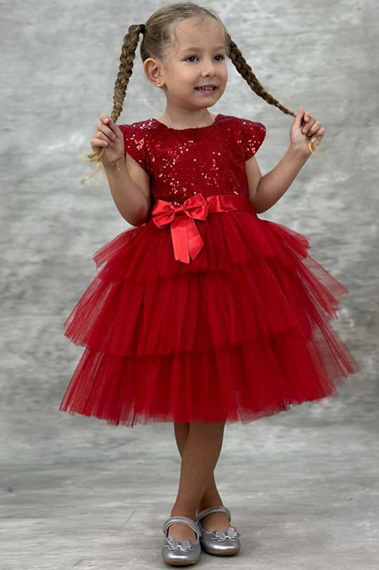 Girl's Sequined Embroidered Katkat Red Evening Dress 4-7 Years