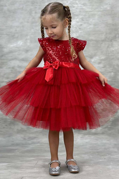 Girl's Sequined Embroidered Katkat Red Evening Dress 4-7 Years