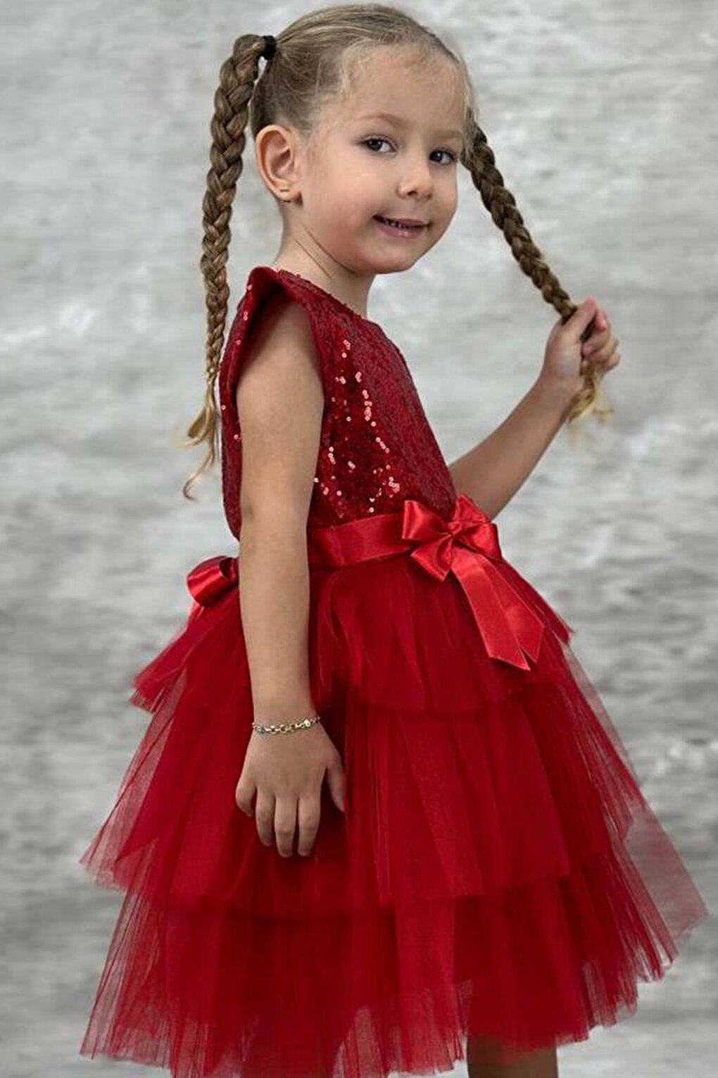 Girl's Sequined Embroidered Katkat Red Evening Dress 4-7 Years