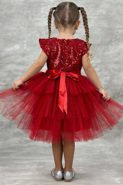 Girl's Sequined Embroidered Katkat Red Evening Dress 4-7 Years