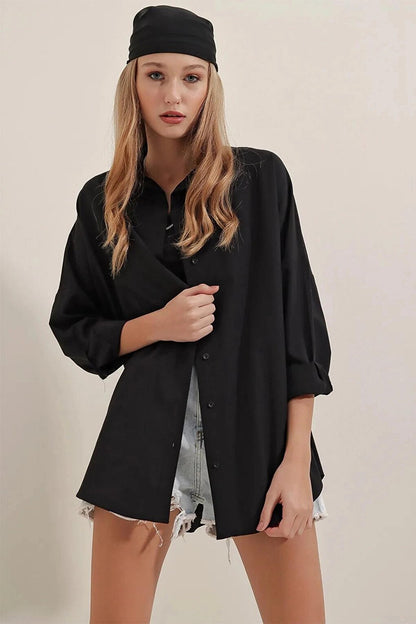 Black Plain Plain Araboy Basic Oversize Shirt