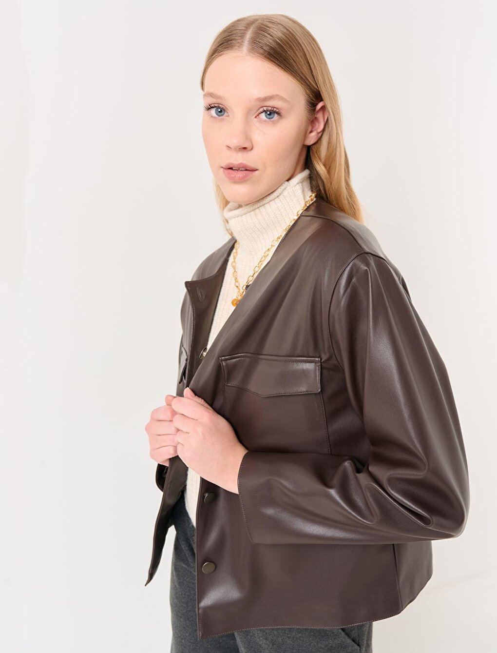 Dark Brown Long Sleeve Short Faux Leather Jacket