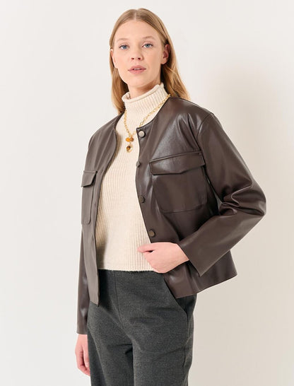 Dark Brown Long Sleeve Short Faux Leather Jacket