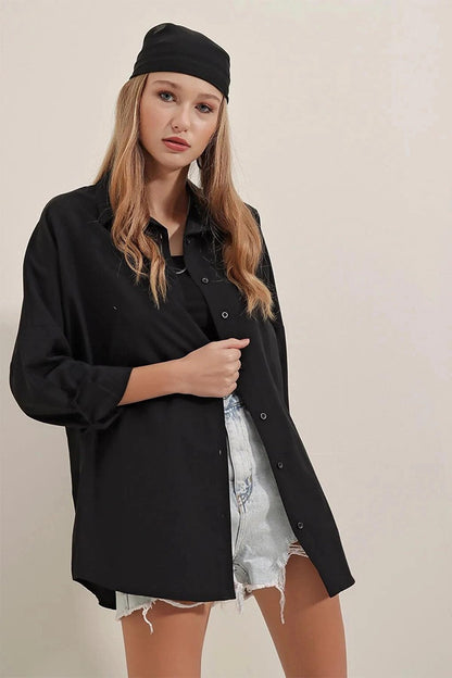 Black Plain Plain Araboy Basic Oversize Shirt