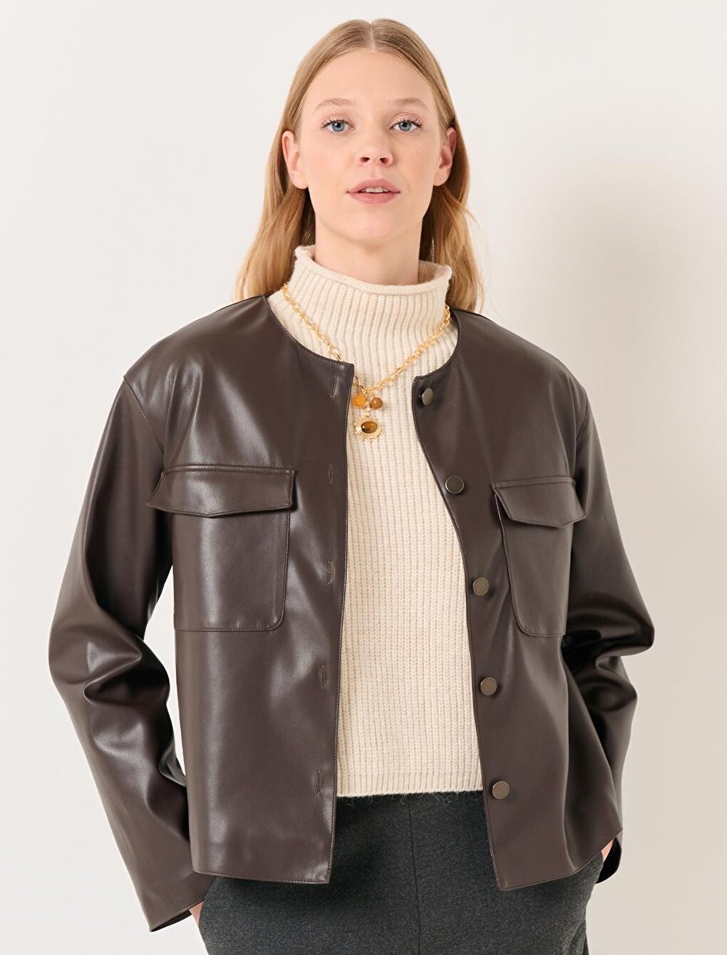 Dark Brown Long Sleeve Short Faux Leather Jacket