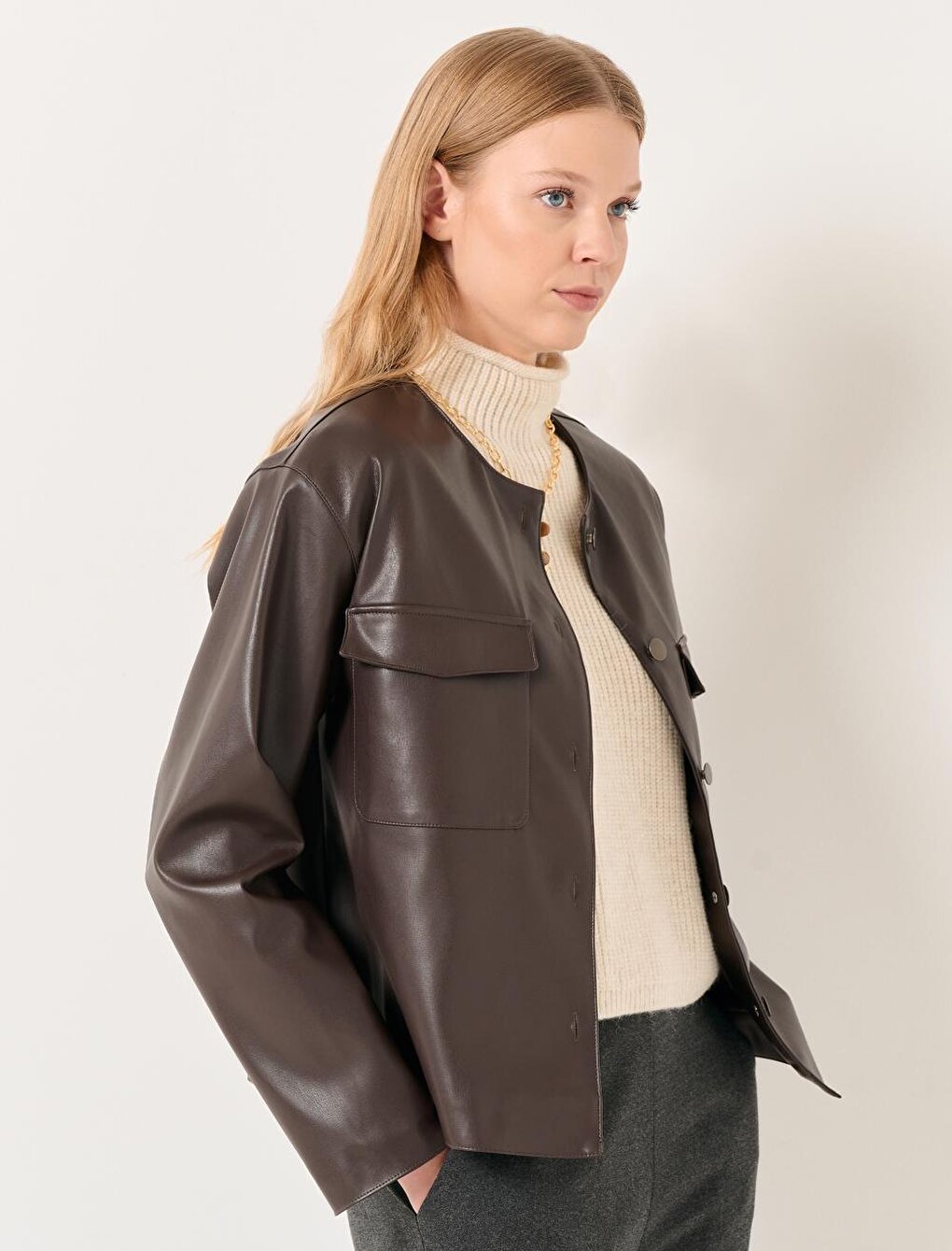 Dark Brown Long Sleeve Short Faux Leather Jacket