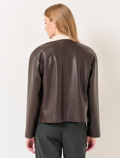 Dark Brown Long Sleeve Short Faux Leather Jacket