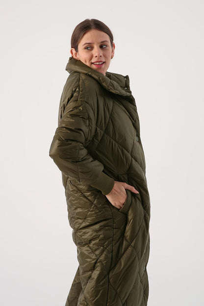 Khaki Oversized Stand Collar Quilted Snap Coat