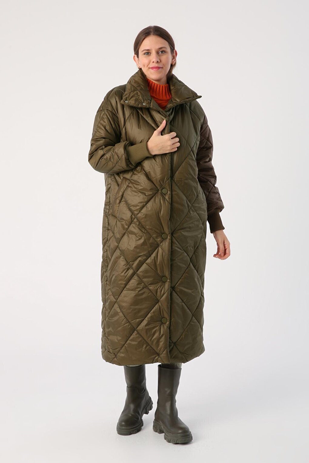 Khaki Oversized Stand Collar Quilted Snap Coat