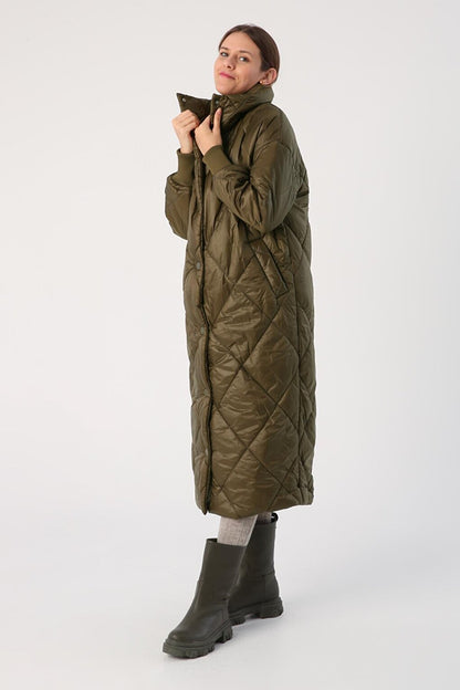 Khaki Oversized Stand Collar Quilted Snap Coat