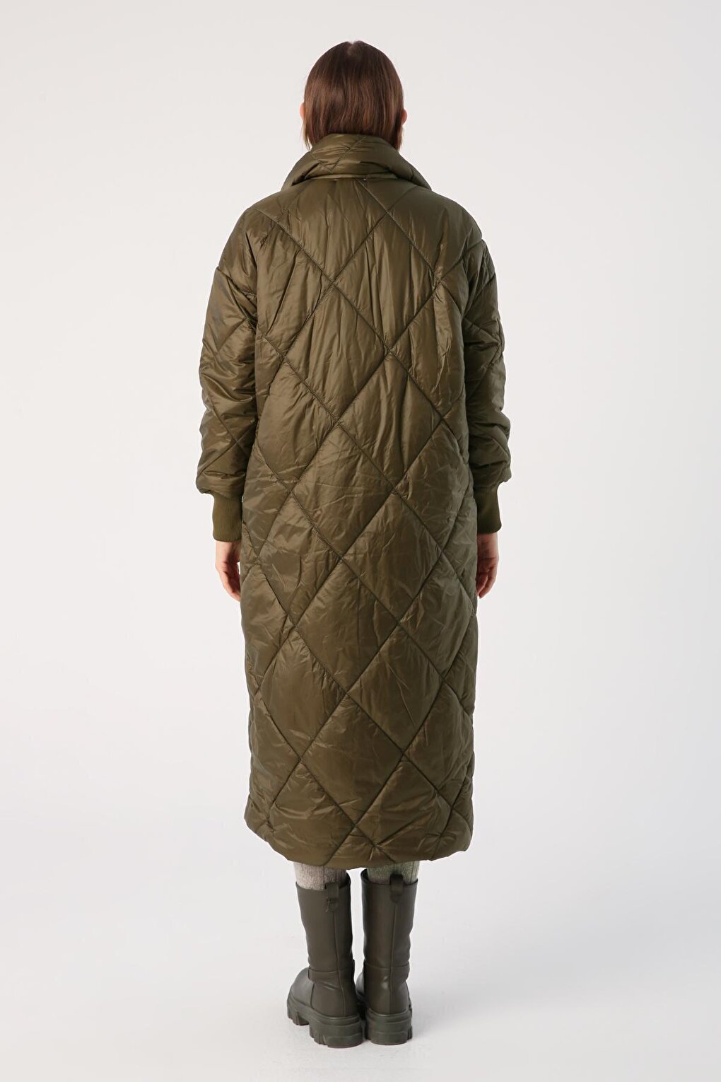 Khaki Oversized Stand Collar Quilted Snap Coat