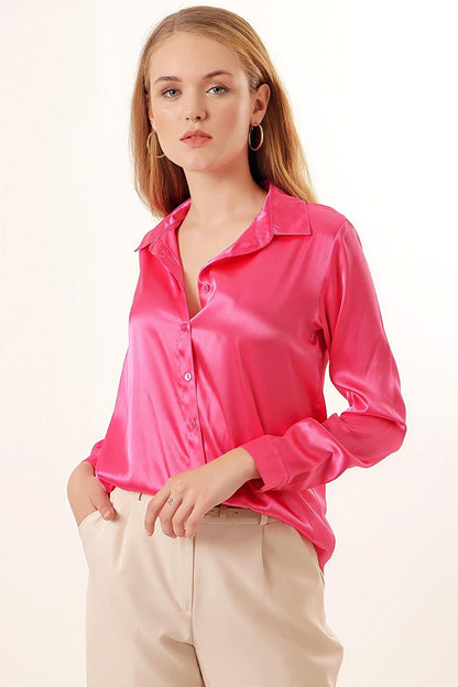 3964 Lightly Flowing Satin Shirt - Fuchsia