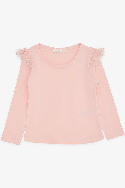 Girl's Long Sleeve T-Shirt Salmon with Guipure Shoulders (Age 3-7)