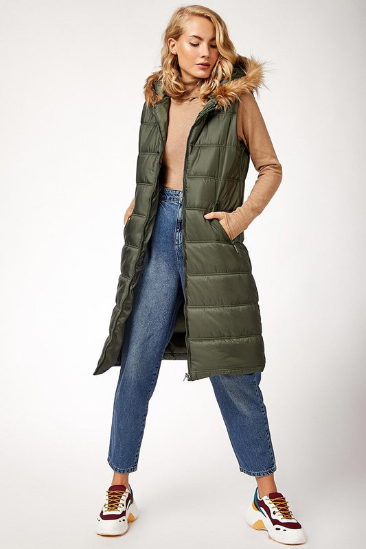 10233 Hooded Furry Puffer Vest - Khaki