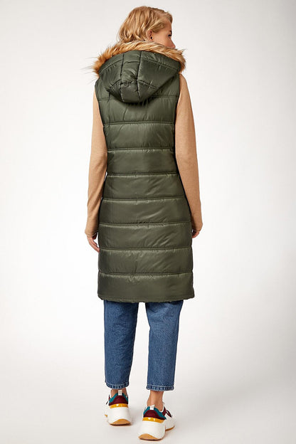 10233 Hooded Furry Puffer Vest - Khaki