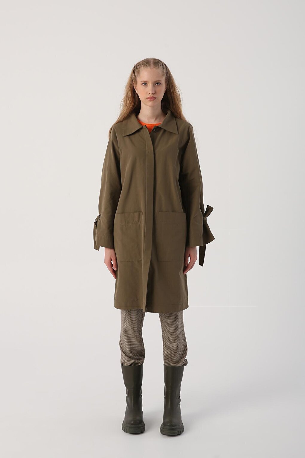 Light Khaki Trench Coat with Sleeve Tie Detail