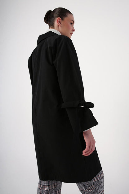 Black Trench Coat with Sleeve Tie Detail