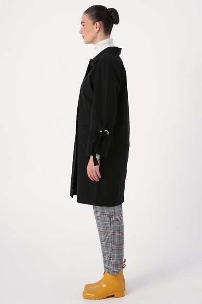 Black Trench Coat with Sleeve Tie Detail