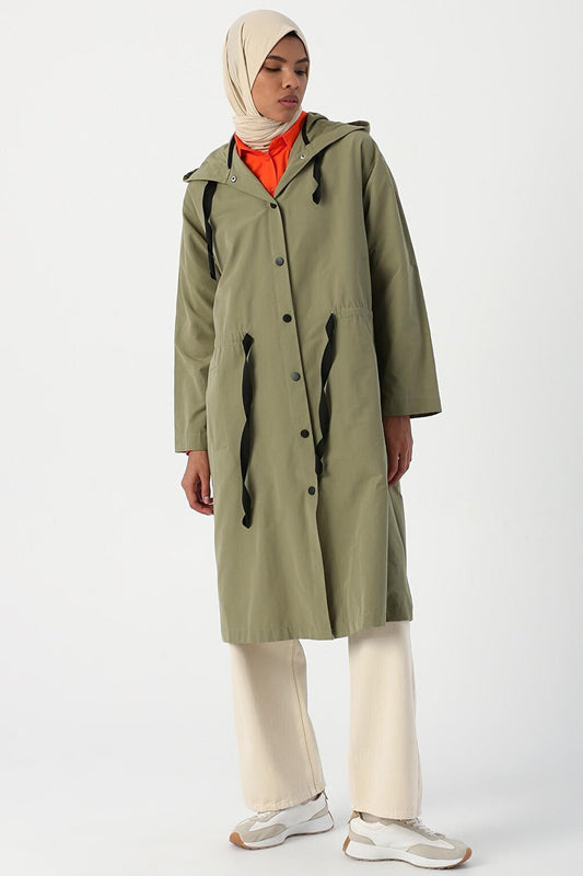 Light Green Hooded Snap-Up Trench Coat