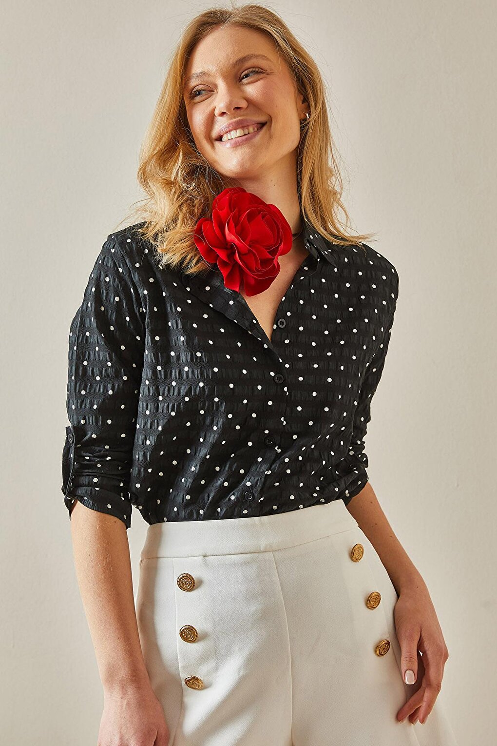 Black Polka Dot Textured Shirt 5YXK2-47977-02