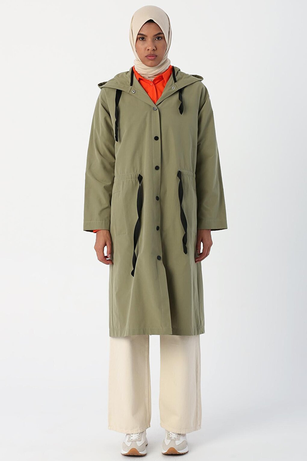 Light Green Hooded Snap-Up Trench Coat